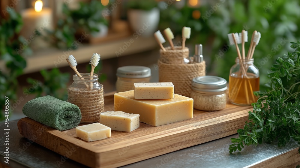 Eco-friendly bathroom essentials arranged on a wooden tray, natural and sustainable home products, spa-like setting Eco-friendly bathroom essentials arranged on a wooden tray, natural and sustainable home products, spa-like setting
