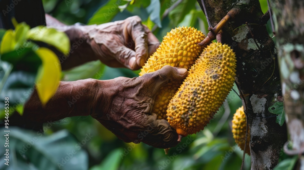 Ripe jackfruit fruits hanging on a tree in the garden, agribusiness business concept,organic healthy food and non-GMO fruits with copy space
Ripe jackfruit fruits hanging on a tree in the garden, agribusiness business concept,organic healthy food and non-GMO fruits with copy space