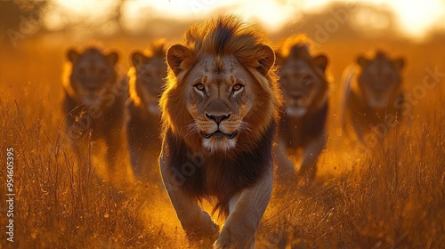 Powerful Male Lion Leading a Group Through Sunlit Grasslands, Capturing Majestic Wildlife photo