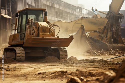 Bulldozer Operating at a Dusty Construction Site photo
