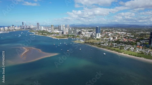 Broadwater Tourist Park And Mitchell Park In Marine Parade, Southport, Gold Coast, QLD Australia. Aerial Drone Shot photo