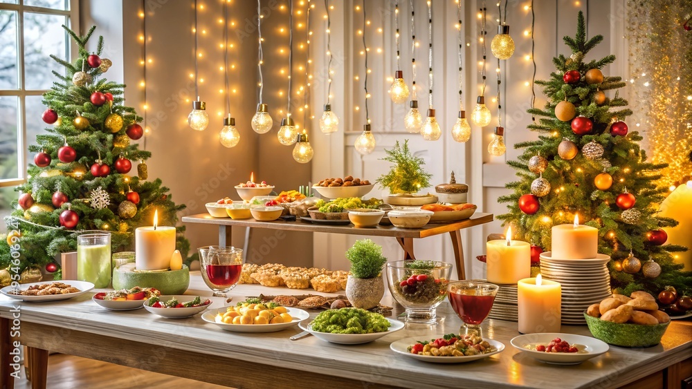 Buffet with New Year Decorations. Perfect for: New Year, Holiday Parties Buffet with New Year Decorations. Perfect for: New Year, Holiday Parties