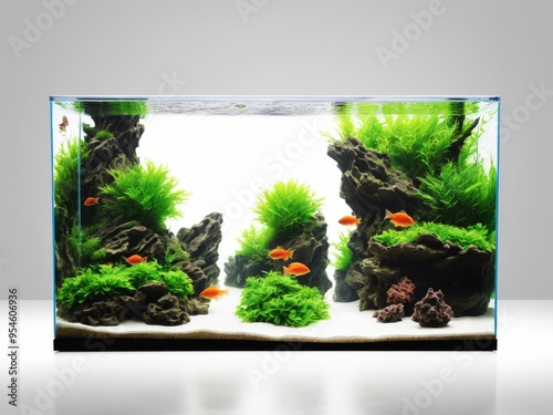 An enchanting aquarium illustration with aquatic plants, driftwood, and rocks, capturing a peaceful aquascape design photo