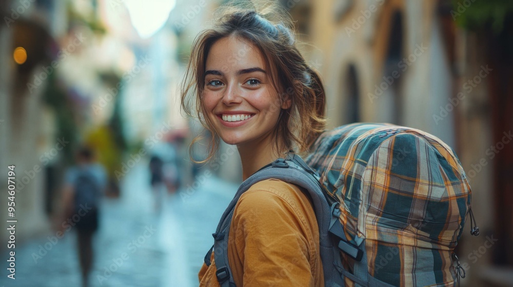 Smiling City Girl with Yellow Shirt and Backpack - smile Smiling City Girl with Yellow Shirt and Backpack - smile