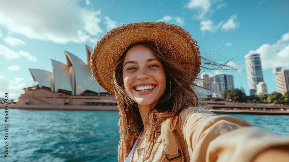 Fototapeta premium Happy Woman in Straw Hat Smiling with Sydney Opera House in Background - smile
