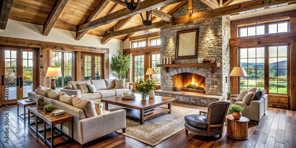 Fototapeta premium Spacious modern country living room features exposed beams, cozy fireplace, wooden furniture, and rustic accents for a
