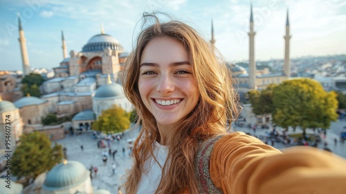 A Tourist's Joyful Selfie in Front of the Hagia Sophia - smile