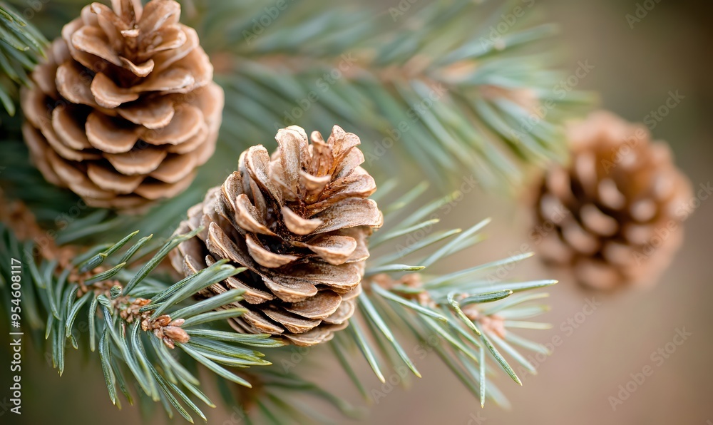 Fototapeta premium several pine cones on the branches of an evergreen tree in a natural outdoor setting, Generative AI