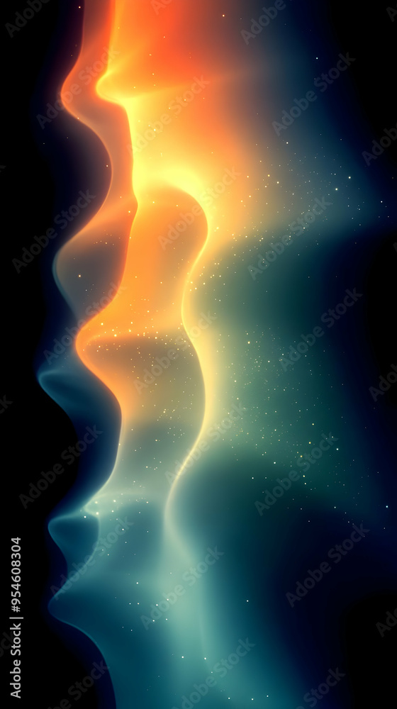 Abstract glowing nebula with orange, yellow, and blue hues against a dark background. Abstract glowing nebula with orange, yellow, and blue hues against a dark background.