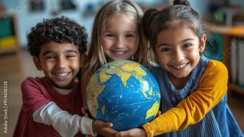 Fototapeta Naklejka Na Ścianę i Meble -  smiling children holding globe