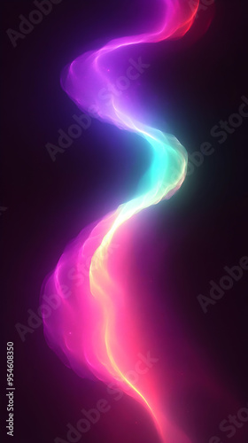 Abstract glowing neon pink, teal, and yellow light trail on black background.