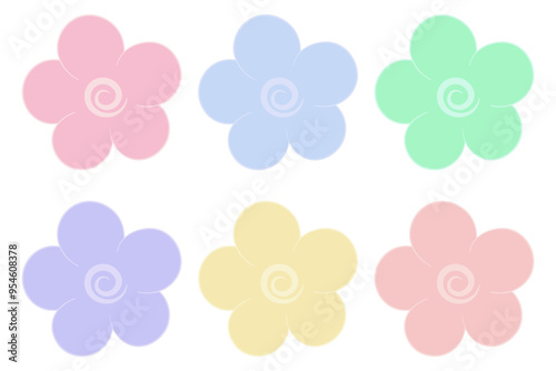 Collection of flowers. Multicolored inflorescences of a flowering plant. Flower head. Opened rounded petals. Opened flower bud. Color vector illustration. Isolated white background. 