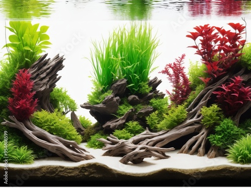 A tranquil aquarium illustration with lush underwater plants, driftwood, and rocks, showcasing a harmonious aquascape. photo