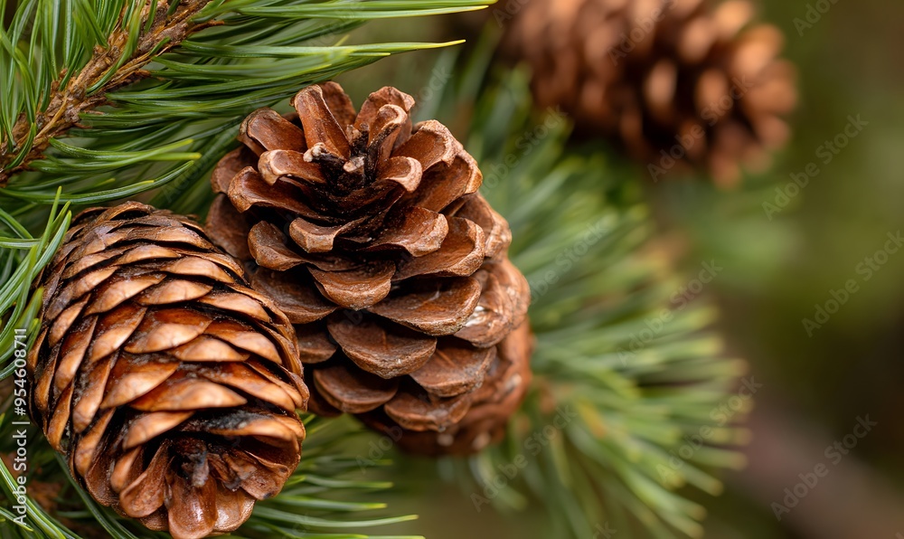 several pine cones on the branches of an evergreen tree in a natural outdoor setting, Generative AI several pine cones on the branches of an evergreen tree in a natural outdoor setting, Generative AI