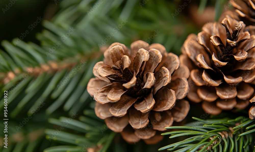 several pine cones on the branches of an evergreen tree in a natural outdoor setting, Generative AI several pine cones on the branches of an evergreen tree in a natural outdoor setting, Generative AI