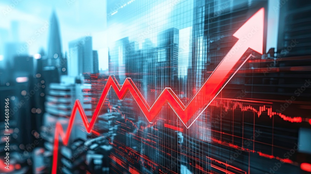 Red Arrow Pointing Up on Stock Market Graph with Building Background, Representing Financial Growth and Increasing Profits Red Arrow Pointing Up on Stock Market Graph with Building Background, Representing Financial Growth and Increasing Profits