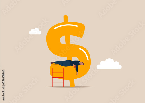 Businessman sleeping on growing dollar sign. Financial success. Business, Company, Funds, gold. Modern flat vector illustration