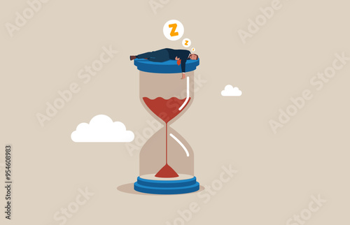 Businessman sleeping on big hourglass. Symbol of time pressure, countdown. Set time to rest. Modern flat vector illustration