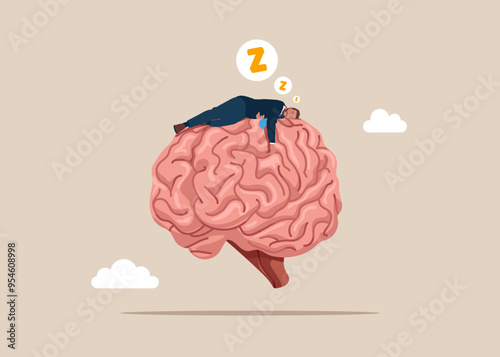 Businessman sleeping on ineffective human brain. Confusion problem or doubt, lost in trouble or complexity, misunderstanding. Modern flat vector illustration