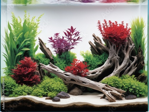 An immersive nature aquarium illustration with aquatic greenery, driftwood, and rocks, reflecting a harmonious aquascape photo