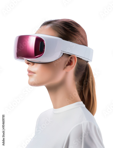 A woman with a virtual reality headset, isolated background