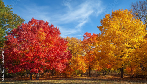 A vibrant autumn landscape featuring red and yellow trees under a blue sky, showcasing the beauty of nature in fall.