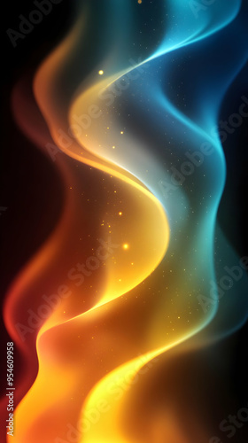 Abstract glowing waves in orange and blue colors on black background.