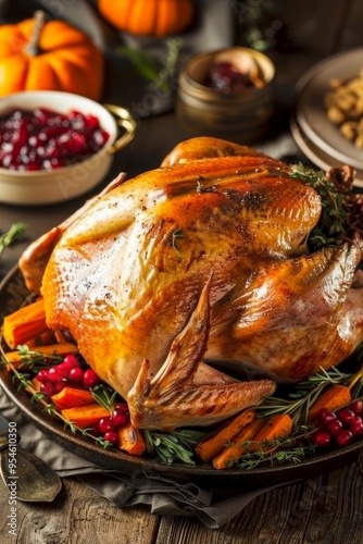 Roasted Thanksgiving Turkey with Cranberry Sauce and Vegetables, Traditional Holiday Feast