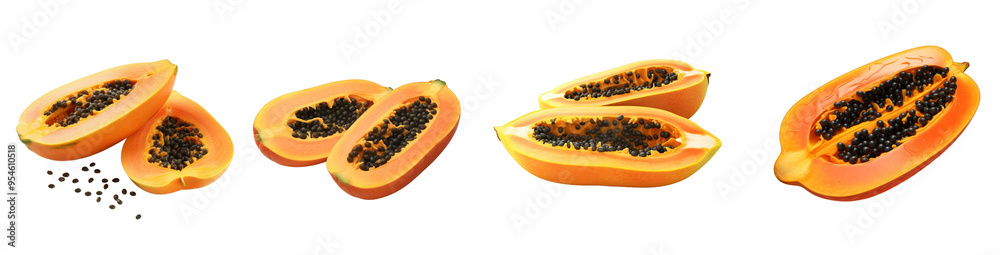 Fresh papaya slices featuring rich orange flesh and black seeds, perfect for healthy eating and tropical recipes. Fresh papaya slices featuring rich orange flesh and black seeds, perfect for healthy eating and tropical recipes.