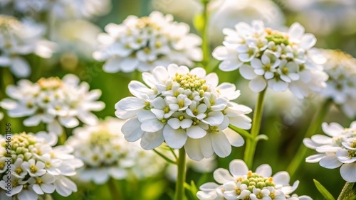 The delicate white flower heads of candytuft pop against the soft green foliage, with a blurred background to