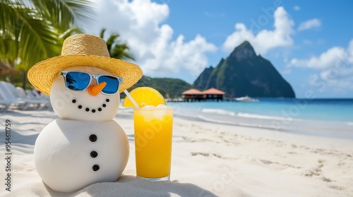 Fototapeta Naklejka Na Ścianę i Meble -  A snowman is sitting on the beach with a glass of orange juice and sunglasses. The scene is bright and cheerful, with the snowman's hat and sunglasses adding a playful touch to the image