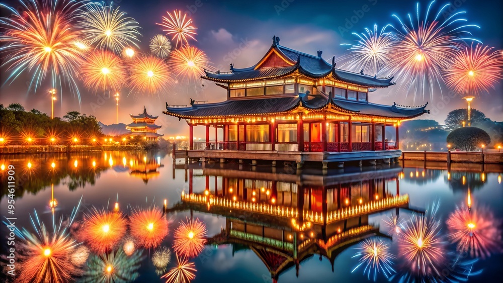 Chinese New Year with Lanterns, Sparks, and Lake Reflections. Perfect for: Chinese New Year, Traditional Celebrations Chinese New Year with Lanterns, Sparks, and Lake Reflections. Perfect for: Chinese New Year, Traditional Celebrations