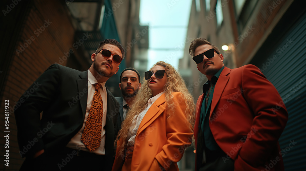 A group of four stylish friends dressed in bold, colorful suits and sunglasses, standing confidently in an urban alleyway. The atmosphere is vibrant yet edgy, with a focus on fashion and attitude. A group of four stylish friends dressed in bold, colorful suits and sunglasses, standing confidently in an urban alleyway. The atmosphere is vibrant yet edgy, with a focus on fashion and attitude.
