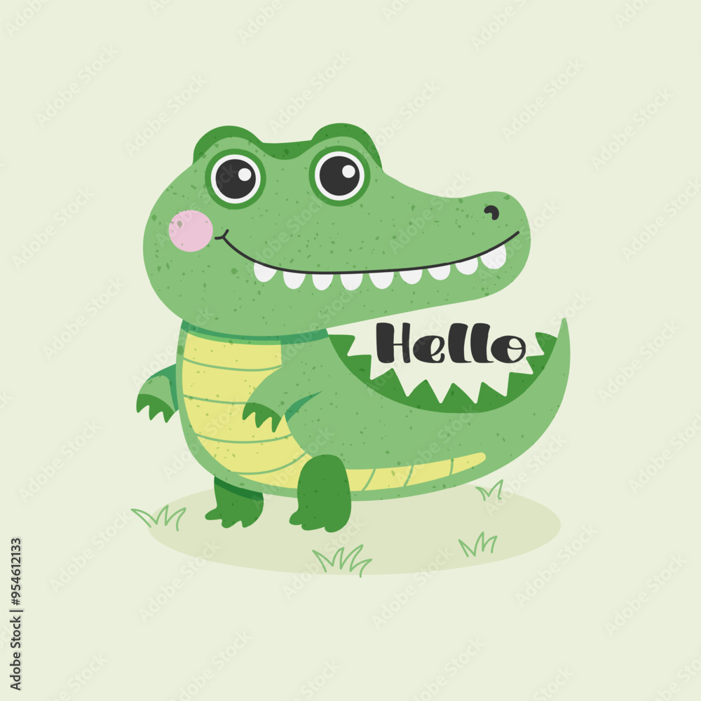 Obraz premium Hello funny little crocodile. Cute flat design for T shirt print, card, poster, sticker. Vector illustration.
