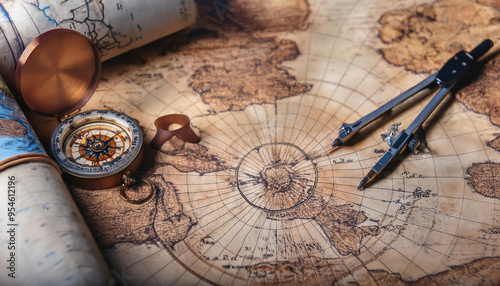 Cartography and map making, featuring elements like maps, compasses, and cartographic tools, symbolizing map creation, geographic information, and navigation.