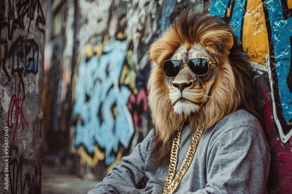 A lion wearing sunglasses and a gold chain sits on a wall A lion wearing sunglasses and a gold chain sits on a wall