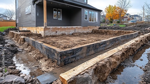 Residential foundation with vapor barrier and insulation in place, preparing for framing and finishing.