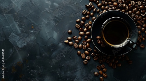 Dark backdrop with black coffee and beans of coffee