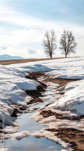 A winter landscape showcases melting snow revealing a stream and two bare trees against a bright sky