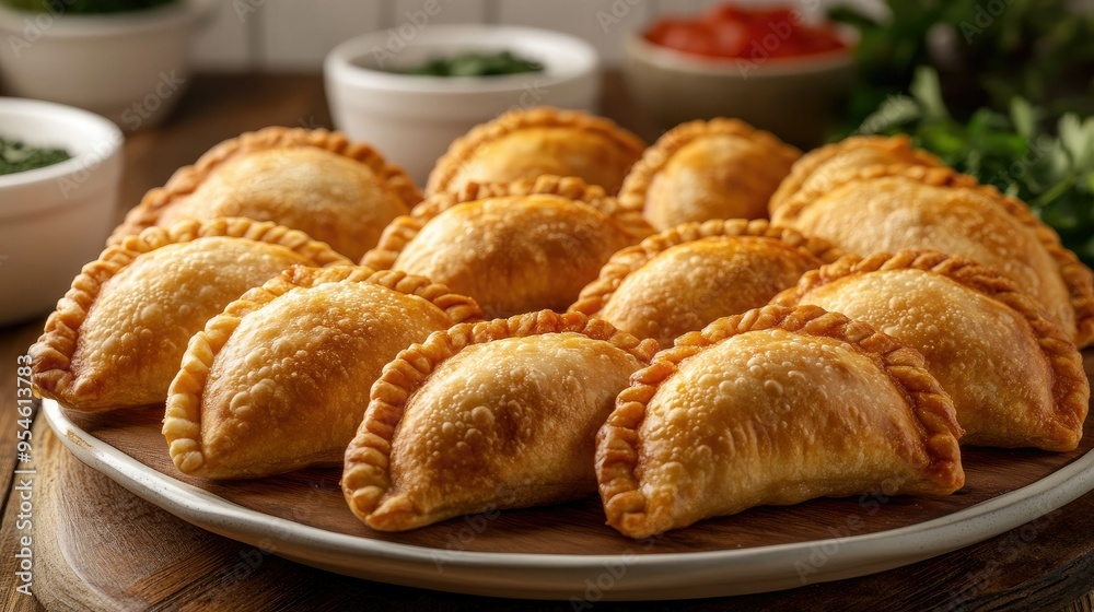 A batch of Argentinian empanadas, arranged neatly on a platter, ready to be served. A batch of Argentinian empanadas, arranged neatly on a platter, ready to be served.