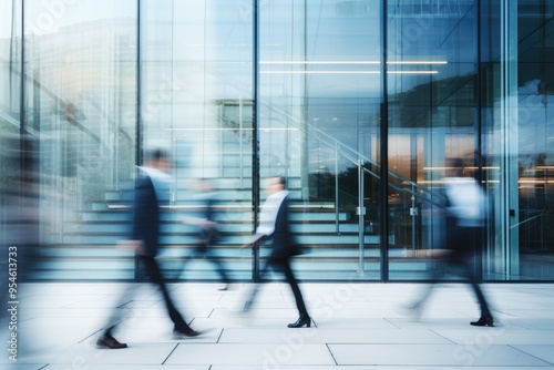 A group of people walking in front of a building with a blurred background, as the people are seen walking up and down the stairs