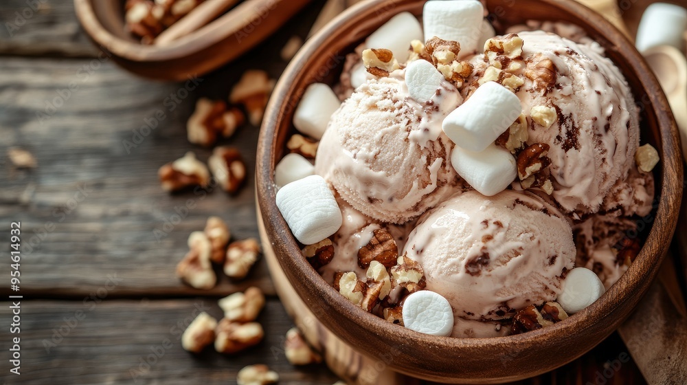 A close-up of a rocky road ice cream scoop with marshmallows and nuts on top, set against a rustic wooden background. A close-up of a rocky road ice cream scoop with marshmallows and nuts on top, set against a rustic wooden background.