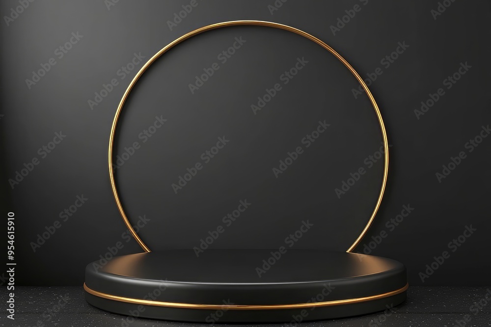 3D black round corner pedestal podium background with golden ring and semi circle wall scene. with generative ai 3D black round corner pedestal podium background with golden ring and semi circle wall scene. with generative ai
