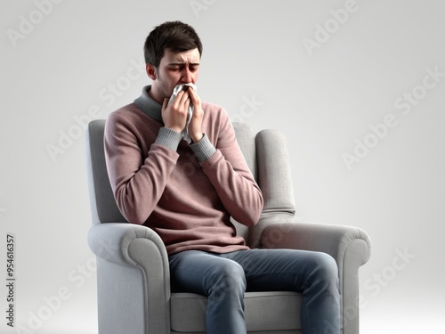 young man coughing sitting in an armchair. isolated on white background.