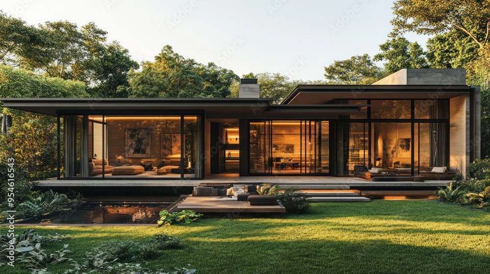 Modern house with large windows surrounded by lush greenery. Modern house with large windows surrounded by lush greenery.