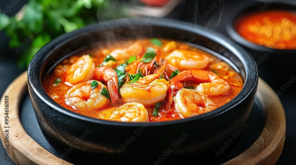 A delicious bowl of shrimp stew with vibrant colors and aromatic herbs, perfect for gourmet food photography. A delicious bowl of shrimp stew with vibrant colors and aromatic herbs, perfect for gourmet food photography.