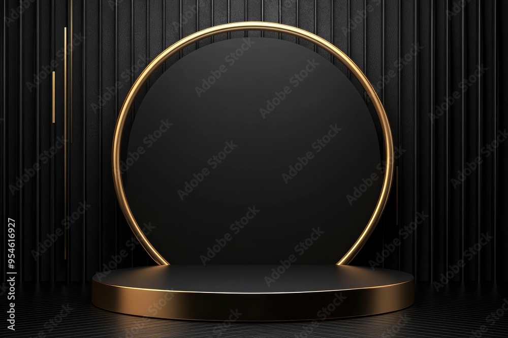 3D black round corner pedestal podium background with golden ring and semi circle wall scene. with generative ai