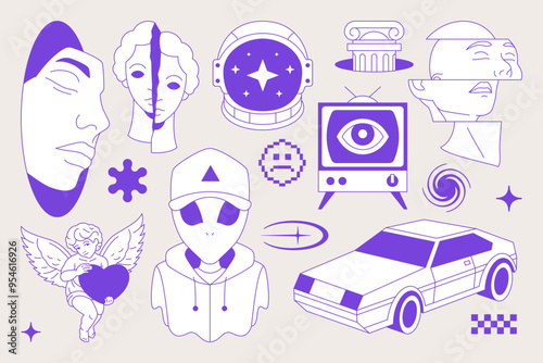 Y2k neo gothic psychedelic blue sketch comic retro groovy icon set vector flat illustration. Minimal surreal trendy sticker sculpture alien tv angel vintage car techno rave ink t shirt print