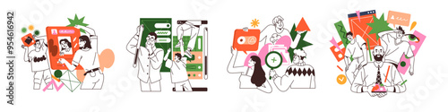 UX UI design concept set. Creative team creates user interface for app. Designers do redesign of GUI. Development of UIUX wireframes. Flat isolated outline vector illustrations on white background