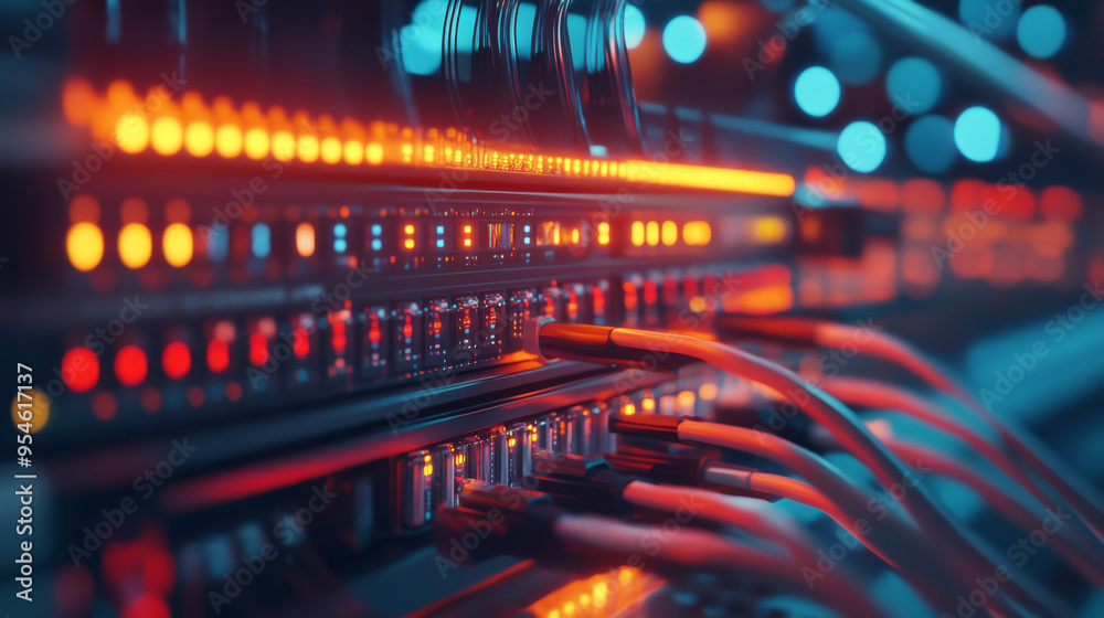Fiber optic cables connected to an interface, highlighting a data server in a computer network and telecommunication system. Fiber optic cables connected to an interface, highlighting a data server in a computer network and telecommunication system.